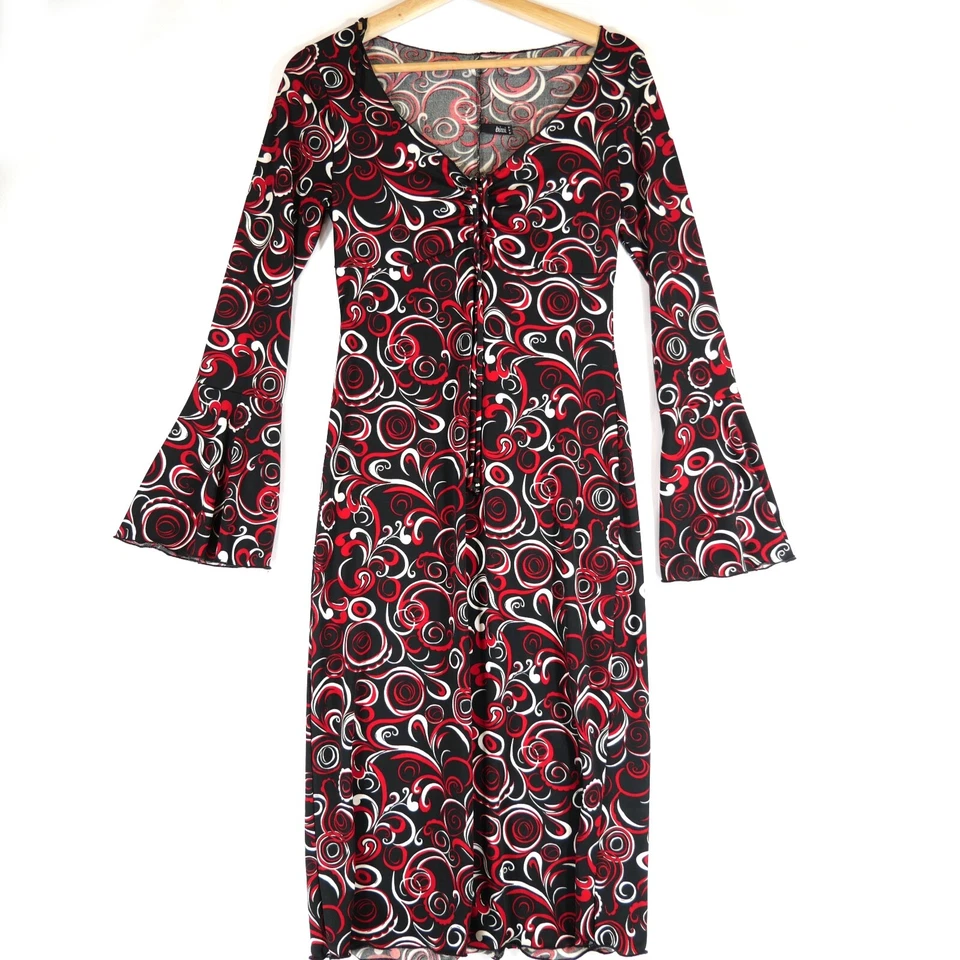 Vintage Trixxi Women's Flare Sleeve Y2K Swirl Pattern Red Midi Dress Size M  - Image 1 of 4