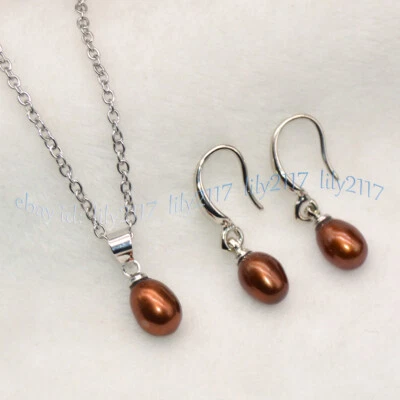 Juego de aretes colgantes colgantes de perlas de agua dulce marrón natural de 6-7 mm de 18 pulgadas Foto 1 de 4