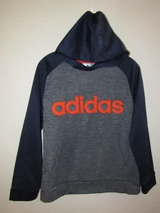Boys L 14/16 Adidas Hoodie Sweatshirt Pullover Pocket Navy Blue Orange Spellout  - Picture 1 of 7