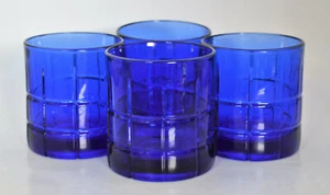 Vintage Anchor Hocking Tartan Pattern Coblalt Cocktail Whiskey Glasses Set of 4  - Picture 1 of 7