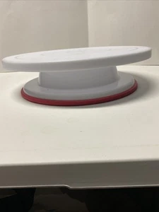 Weißer drehbarer Standfuß Kuchenständer Kunststoff roter Rand EUC M-1 - Bild 1 von 8