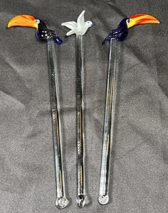 Vintage Lot Of 3 Bird Studio Art Glass Swizzle Stir Sticks 2 Toucan 1 Dove 7” - Picture 1 of 24