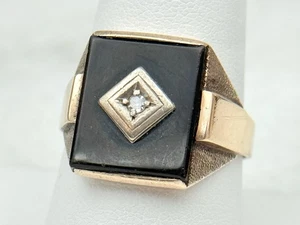 Antiker Herrenring 40er Jahre europäischer Schliff Diamant & Onyx 10k massiv Gelbgold - Bild 1 von 5