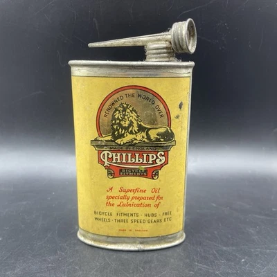 Antigua lata de aceite de ciclo Phillips de principios de 1900 7,5 oz aceite de bicicleta inglés raro Foto 1 de 4