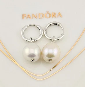 New Genuine Pandora Treated Freshwater Cultured Baroque Pearl Hoop Earrings - Picture 1 of 13