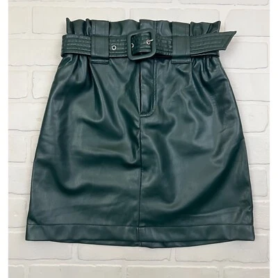 Zara Faux Leather Belted Paperbag Waist A-Line Pencil Skirt Pockets Green XS - Image 1 of 4