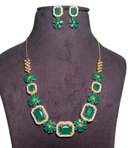 Green Onyx Statement Necklace Set ,Gold Plated Earring With Necklace , - Picture 1 of 3