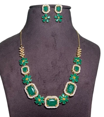 Green Onyx  Statement Necklace Set ,Gold Plated Earring With Necklace , - Image 1 of 3