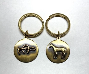 2 pc. BRASS KEYRING FOB set- INGA- ROUND shape Horse, Crop/horseshoe design - Picture 1 of 3