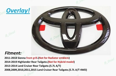 1PC Gloss Black Toyota Logo Overlay Emblem Fit Sienna Highlander Land Cruiser  - Image 1 of 4