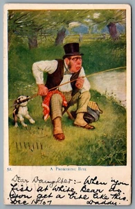 Postcard c1907 A Promising Bite Puppy Biting Fishing Rod A/S Peter Newell - Picture 1 of 2
