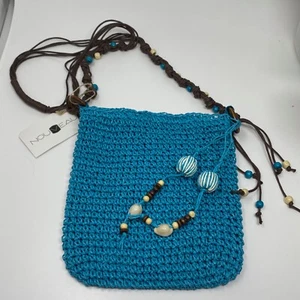 Nouveau Womens Crossbody Bag Purse Turquoise Woven Paper Brown Strap Beads Shell - Picture 1 of 7