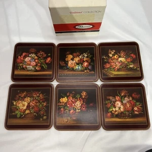 Set of 6 Vintage Pimpernel Coasters Cork Backed Flemish Flowers Made in England - Picture 1 of 12