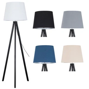 Tripod Floor Lamp Black Wood Standard Living Room Light Shade Lampshade LED Bulb - Picture 1 of 44