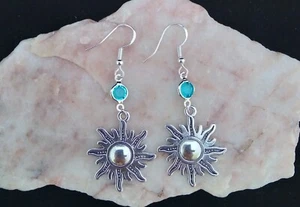 Tibetan Silver Sun Charm, Light Blue Diamante Bead 925 Silver Hook Earrings. - Picture 1 of 6