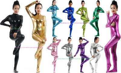 Sexy 16 Color Shiny Metallic Women Jumpsuits Bodysuit Catsuit Yoga Costumes F857 - Image 1 of 2