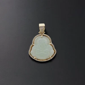 14k Yellow Gold Buddha Pendant Jade CZ Natural Gemstone 13.4g 1.74 1.26 - Picture 1 of 8