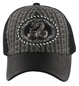 ¡NUEVO! GORRA BOLA DE MALLA DE PAJA METAL COBRA CUERO SINTÉTICO SOMBRERO NEGRO - Imagen 1 de 4