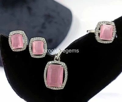 Silver Plated Ethnic AD CZ Jewelry Pink Quartz Earrings Necklace Ring Set - Imagem 1 de 4