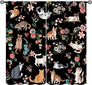 Cartoon Cat Floral Curtains for Girls Boys Bedroom Decor Cute Animals Flower Rod - Picture 1 of 12