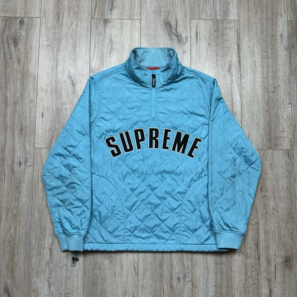 Supreme Arc Logo SS17 Quilted Half Zip Pullover Jacket Blue Mens Size M - Image 1 of 4