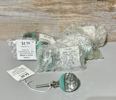 "6 perillas de gabinete de cajón de cristal redondas de vidrio con acento turquesa facetado de níquel 1,25""" Foto 1 de 4