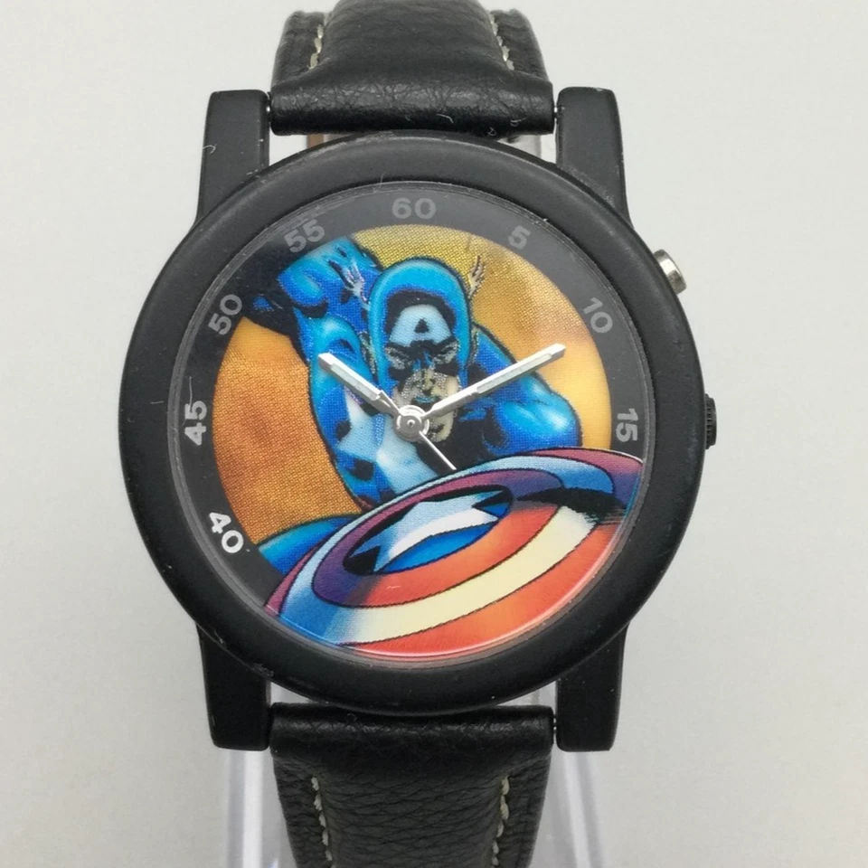 Часы Marvel Captain America 36 мм черный кожаный светящийся циферблат новый аккумулятор - Изображение 1 из 4