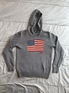 Polo Ralph Lauren Boys Youth American Flag Logo Gray Hoody Sweater Size L 14-16 - Picture 1 of 4