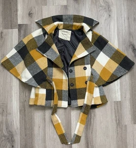 Cartonnier Women's Wool Blend Black and Yellow Plaid Cape Coat Size Medium - Picture 1 of 6