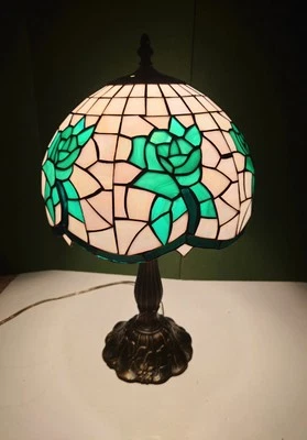 Vtg Tiffany Style Lamp, Stained Glass Shade Green Rose, Retro Brass Base. 18" H - Image 1 of 4