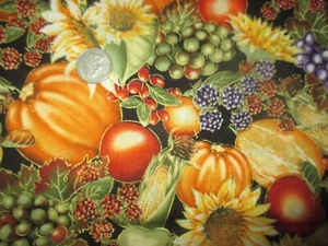 THANKSGIVING Vintage GARDEN HARVEST On BLACK 1990's COTTON Fabric - over 1 yd - Picture 1 of 2