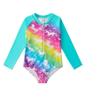 NWT Poly UNICORN Girls Rash Guard Long Sleeve One Piece Swimsuit Bathing Suit - Picture 1 of 20