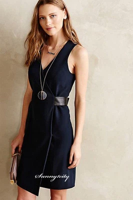 NUEVO CON ETIQUETAS 6 Vestido Anthropologie Brontide Wrap por 4. Cinturón de cuero vegano colectivo azul marino Foto 1 de 4