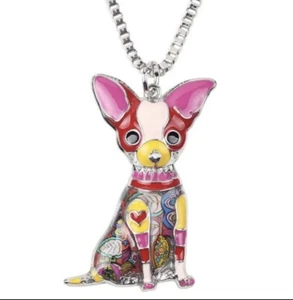 Emaille Chihuahua Halskette Patchwork rosa Herzen Hund Haustiere - Bild 1 von 2