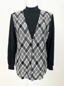 Alfred Dunner Womens Knit Sweater Top Size PM Black Gray Plaid Mock Neck Button - Picture 1 of 11