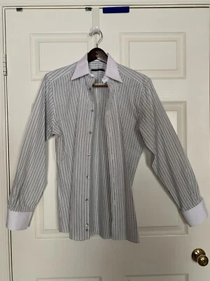 $880. Gucci Mens Classic White w/Black Pin Striped Shirt Made in Italy 39 15 1/2 - Image 1 of 4