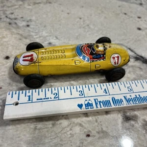 VINTAGE #17 YELLOW TIN LITHO FRICTION TOY RACE CAR *5 1/2 INCHES LONG - Picture 1 of 14