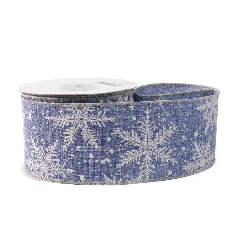1m, 3m or 9m ~ 63mm Wired Edge Christmas Blue with White Snowflakes Ribbon - Image 1 of 1