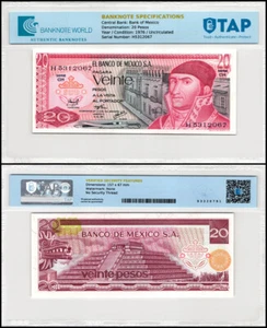 Mexico 20 Pesos, 1976, P-64c.4, UNC, Series CH, Authenticated Banknote - Picture 1 of 1