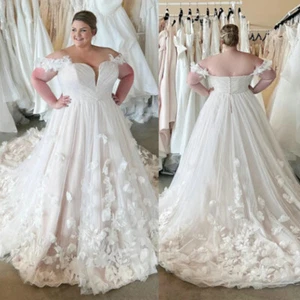 Plus Size Wedding Dresses Off Shoulder 3D Flowers A Line Sweep Train Bridal Gown - Picture 1 of 11