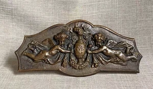 Antique c1850s Victorian Heavy Bronze Decorative Plaque Cherub & Swags Top Plate - Picture 1 of 14