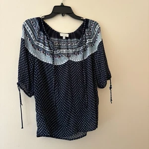 Lucky Brand Navy‑Blue Boho Peasant Tunic Top M | Printed Tie‑Sleeve Ethnic Print - Picture 1 of 3