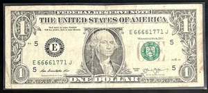 2013 $1 Bill Fancy Serial #66661771 - Picture 1 of 2