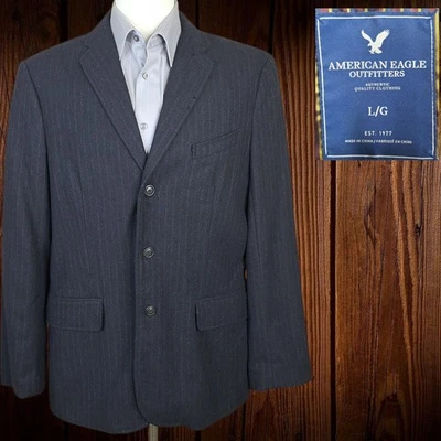 Chaqueta Blazer American Eagle Para Hombre L/G Gris Oscuro Rayas Franela Tweed 3 Botones Foto 1 de 4
