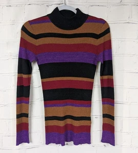ANNA SUI Mock Neck Striped Purple Red Black Sparkle Turtle Sweater Womens S - Picture 1 of 6