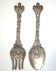 Antique Italian Ornate 7" Decorative Silver Salad Fork Spoon Set w Lions & Crest - Picture 1 of 6