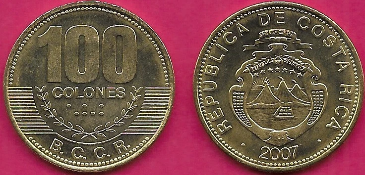 COSTA RICA 100 COLONES 2007 UNC THE VALUE ABOVE COFFEE BRANCHES AND INITIALS of - Image 1 of 1