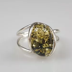 Green Amber Ring Adjustable Gemstone Ring Sterling silver ring small crystal new - Picture 1 of 9