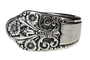 Anello Vintage Art Decò PREZIOSO Fiore Cucchiaio Misura 9 Placcato Argento - Foto 1 di 7