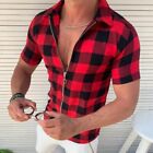 Summer Mens Shirts Zip Up Casual Dress Lapel Collar Plaid Shirt Comfortable